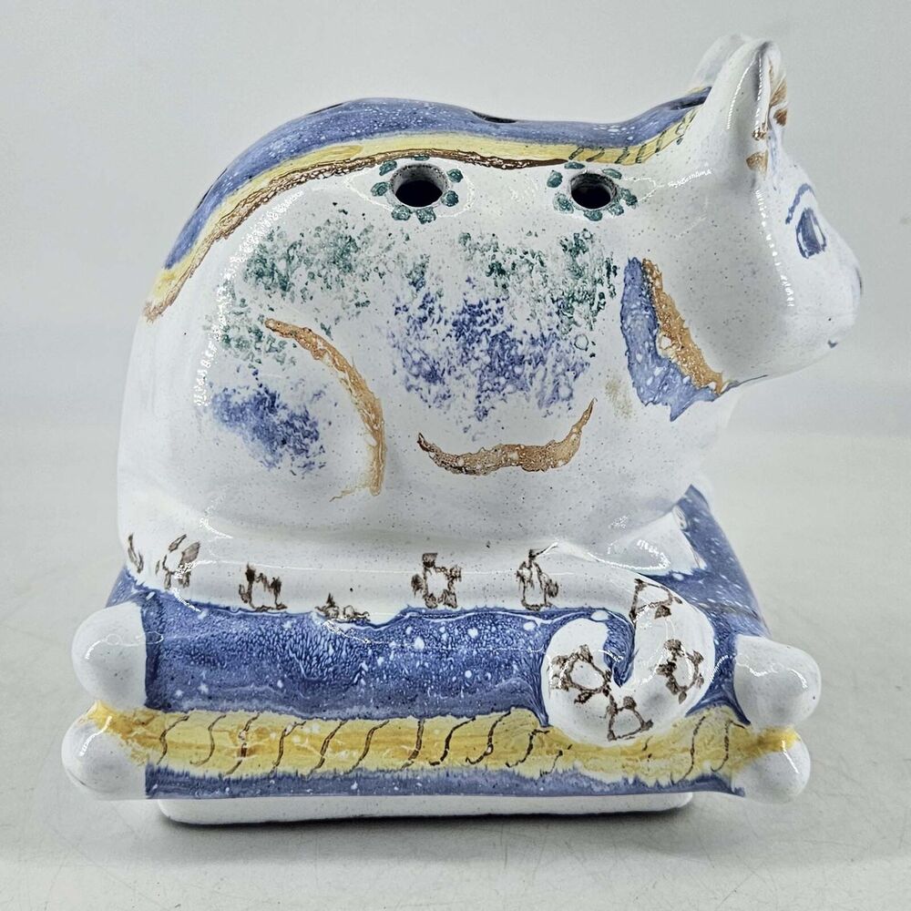 Vintage Herculano Elias Caldas CAT ON PILLOW Flower Frog Portugal Signed